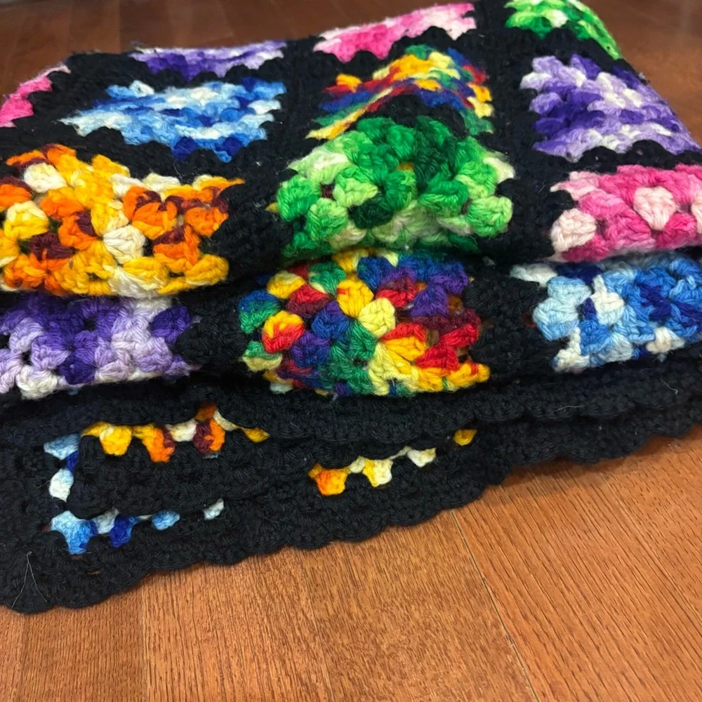 Vintage Granny Square Crochet Afghan Throw Blanket, handmade, large 60x64